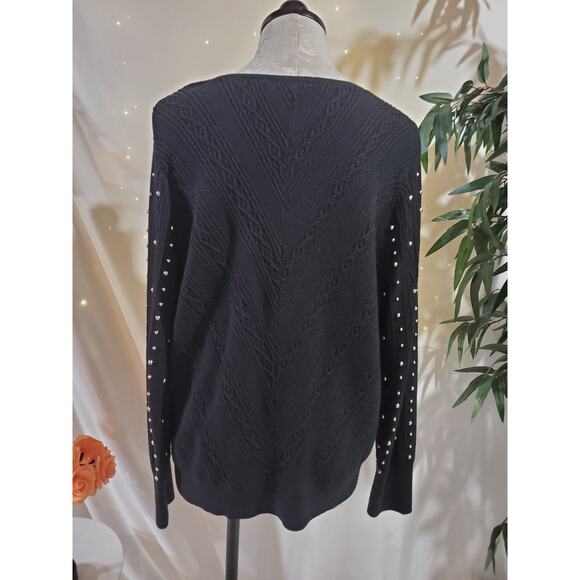 Chicos Womens Cable Knit Silver Studded V-Neck Pullover Sweater Size 2 L Black - Picture 4 of 8